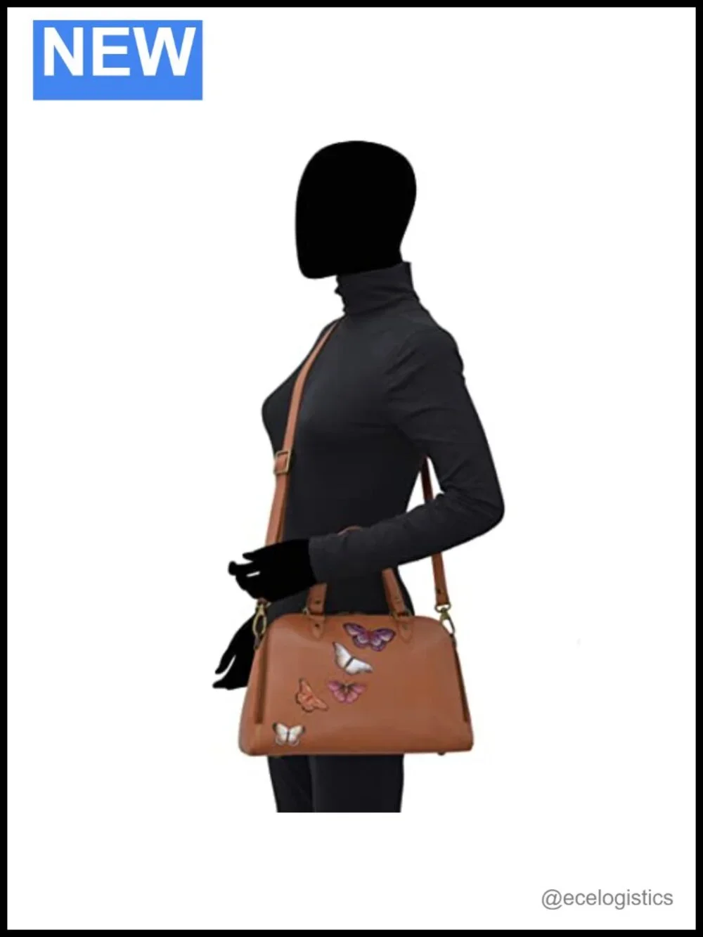 Hand-Painted Genuine Leather Satchel Purse with Butterfly Art Detachable Strap